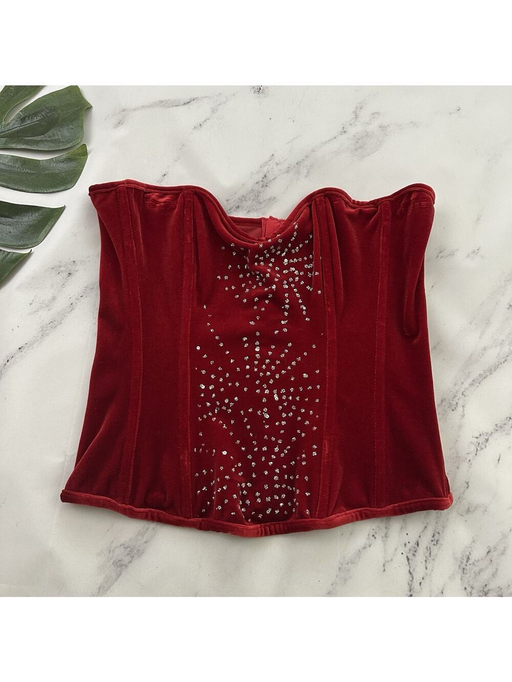 Womens Vintage Y2k Vevlet Corset Top Size M Red Silver Glitter Sequins